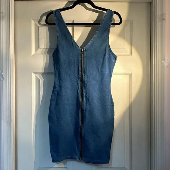 Iris Denim Dress Sexy Short Stretchy Sleeveless Front Zipper Club Party - Picture 1 of 14